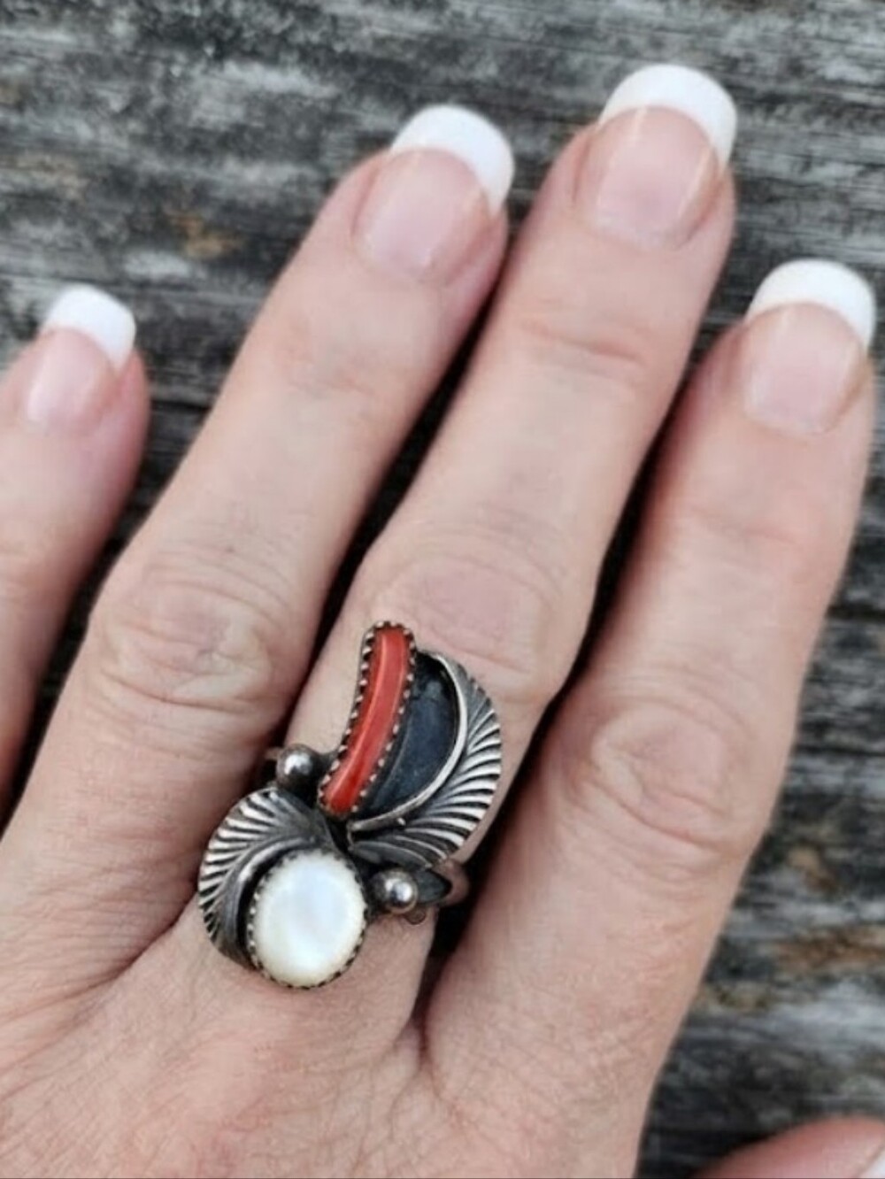 Sterling Silver Vintage Red Coral Feather Ring